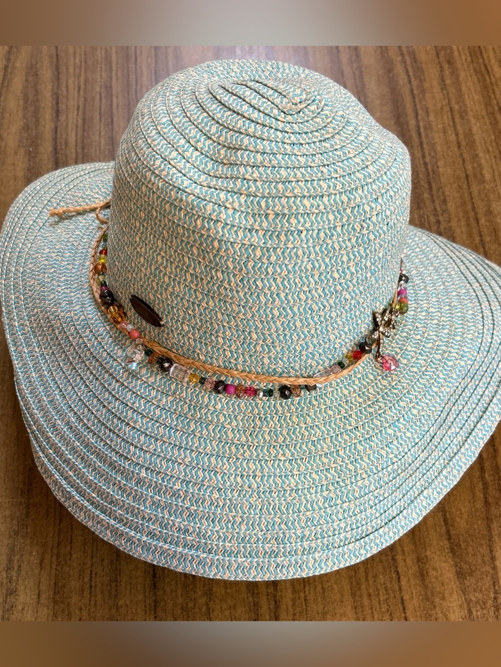 Cappelli Straworld Striped Wide Brim Sun Hat Turquoise w/Beaded Band One Size